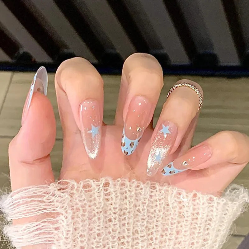 24Pcs Long Gradient Press on Fake Nails Full Cover Butterfly Rhinestone Design Gentle Oval Fashion Nail Detachable Nail Tips Art