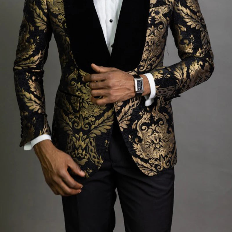 Black Floral Jacquard Men Suits for Prom 2 Piece Slim Fit with Velvet Shawl Lapel Wedding Groom Tuxedo Male Fashion Clothes 2023