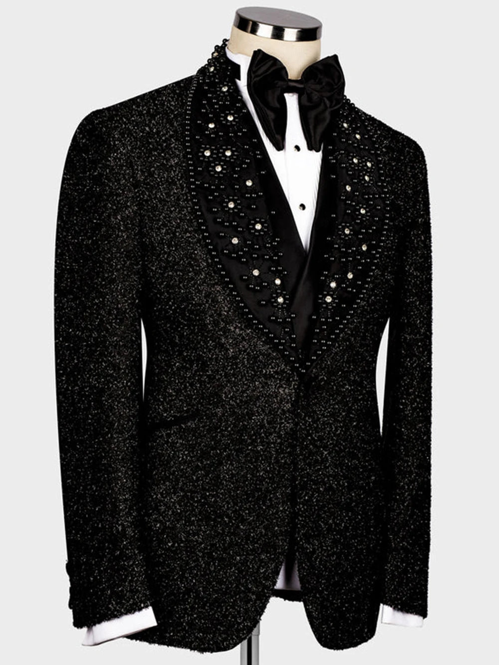 Elegant Man Wedding Suits Formal Banquet Party Black Pearls Beaded Lapel Prom Blazer Plus Size Sparkly Men's Tuxedos Chic Dress