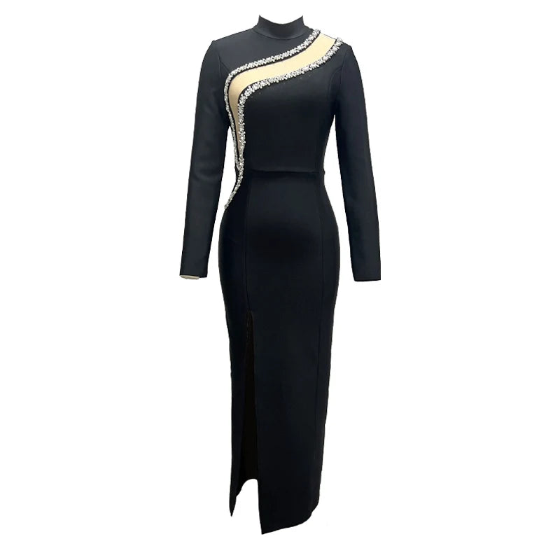 Black Color Top Quality Women Long Sleeve Shinning Crystal Bodycon Bandage Long Dress Fashion Evening Party Celebrate Dress