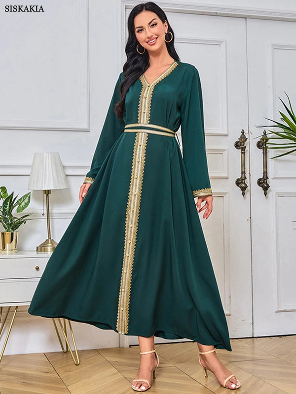 Fashion Solid Abaya Islamic Tape Trim Full Sleeve V-Neck Belted Clothing Elegant Casual Moroccan Kaftan For Women