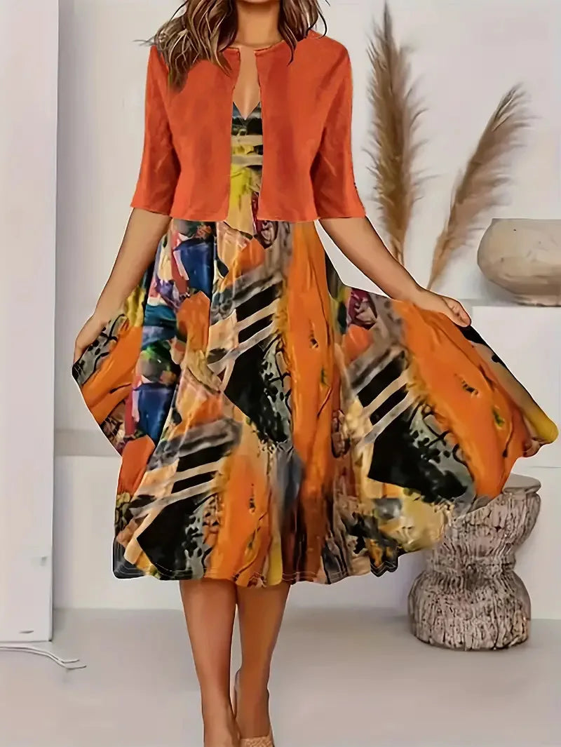 2025 autumn new women's long crewneck printed dress short needle two-piece cardigan short coat