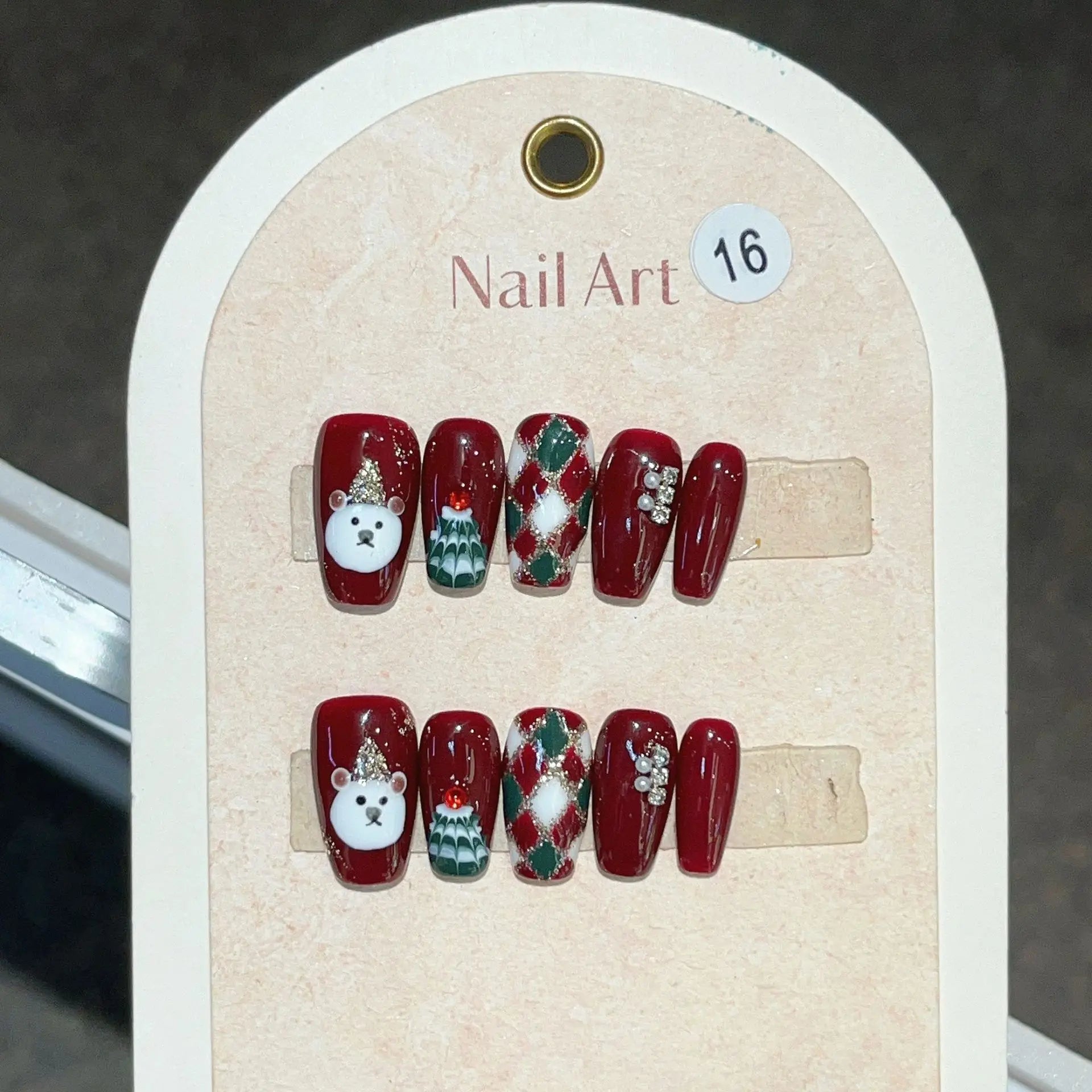 10Pcs Mid-length Christmas French Handmade Fake Nails with Cute Bowknot Winter Snowflake Nail Art Red Press on Acrylic Nail Tips