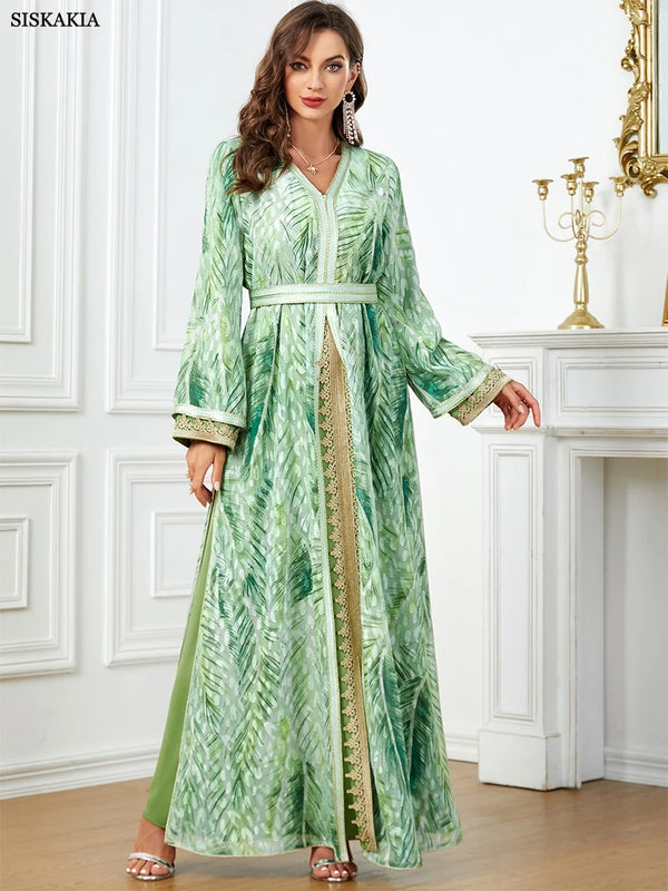 Moroccan Dress Kaftan 2 Piece Abaya Set Evening Robe Printing Full Sleeve V-Neck Islamic Caftan Ramadan Muslim Clothing