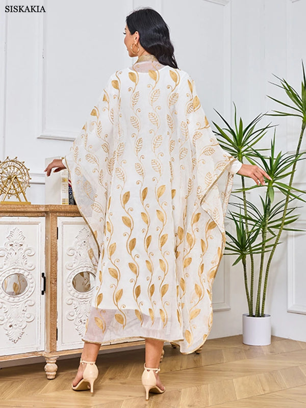 Elegant Floral Embroidery Muslim Undershirt 2 Piece Set Tape Trim Clothing For Women Dubai Abaya Arab Kaftan Robe