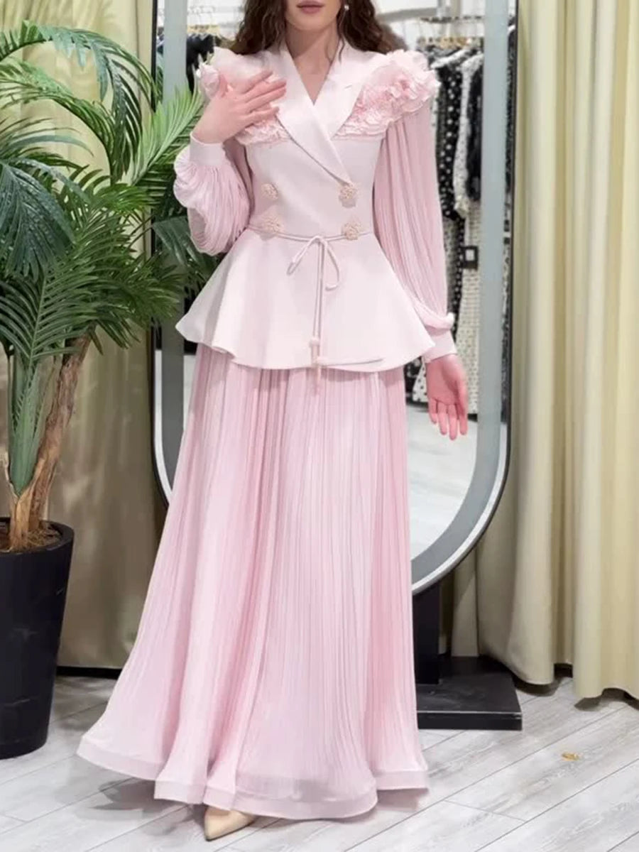 TWOTWINSTYLE Slimming Two Piece Sets for Women Lapel Long Sleeves Spliced Double Bteasted Top Patchwork Mesh Skirt Female New