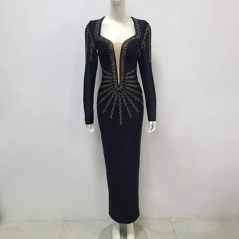 High Quality Women Long Sleeve Sexy Golden Rhinestones Bodycon Long Bandage Dress Nightclub Party Celebrate Fashion Dress