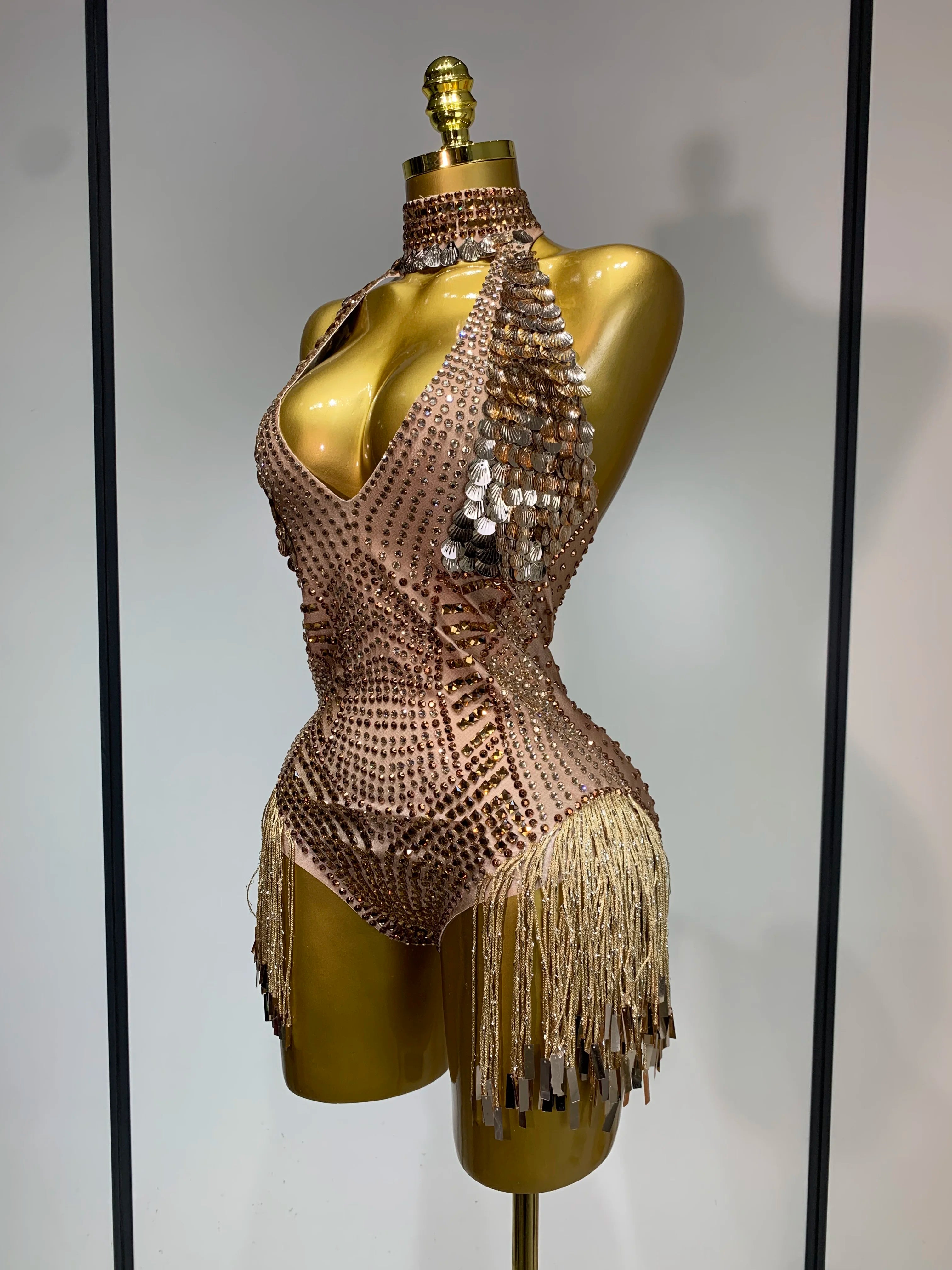 Luxury Sparkly Rhinestones Tassels Sequins Bodysuit Women Sexy Halter Backless Stage  Performance Costume Club Birthday Outfit