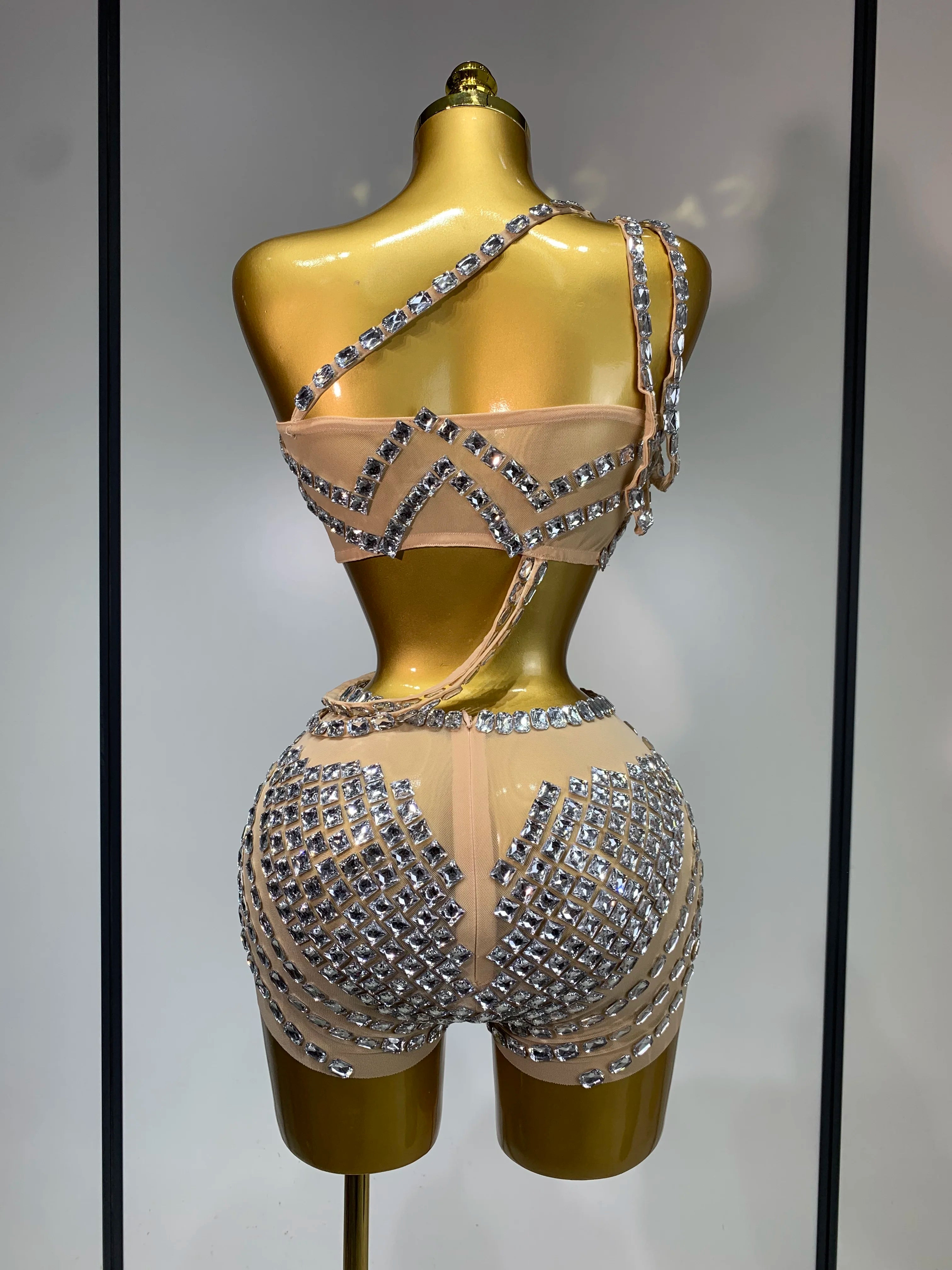 Luxury Diamonds Sexy Mesh Perspective Two Pieces Outfit Performance Dancer Singer Costume Nightclub Women's Set Birthday Wear