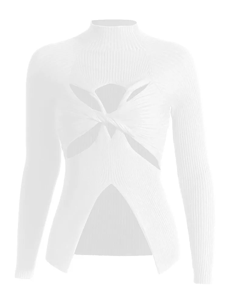 TWOTWINSTYLE Slimming Crisscross Hollow Out Knitting Sweaters For Women Round Neck Long Sleeve Solid Casual Chic Sweater Female