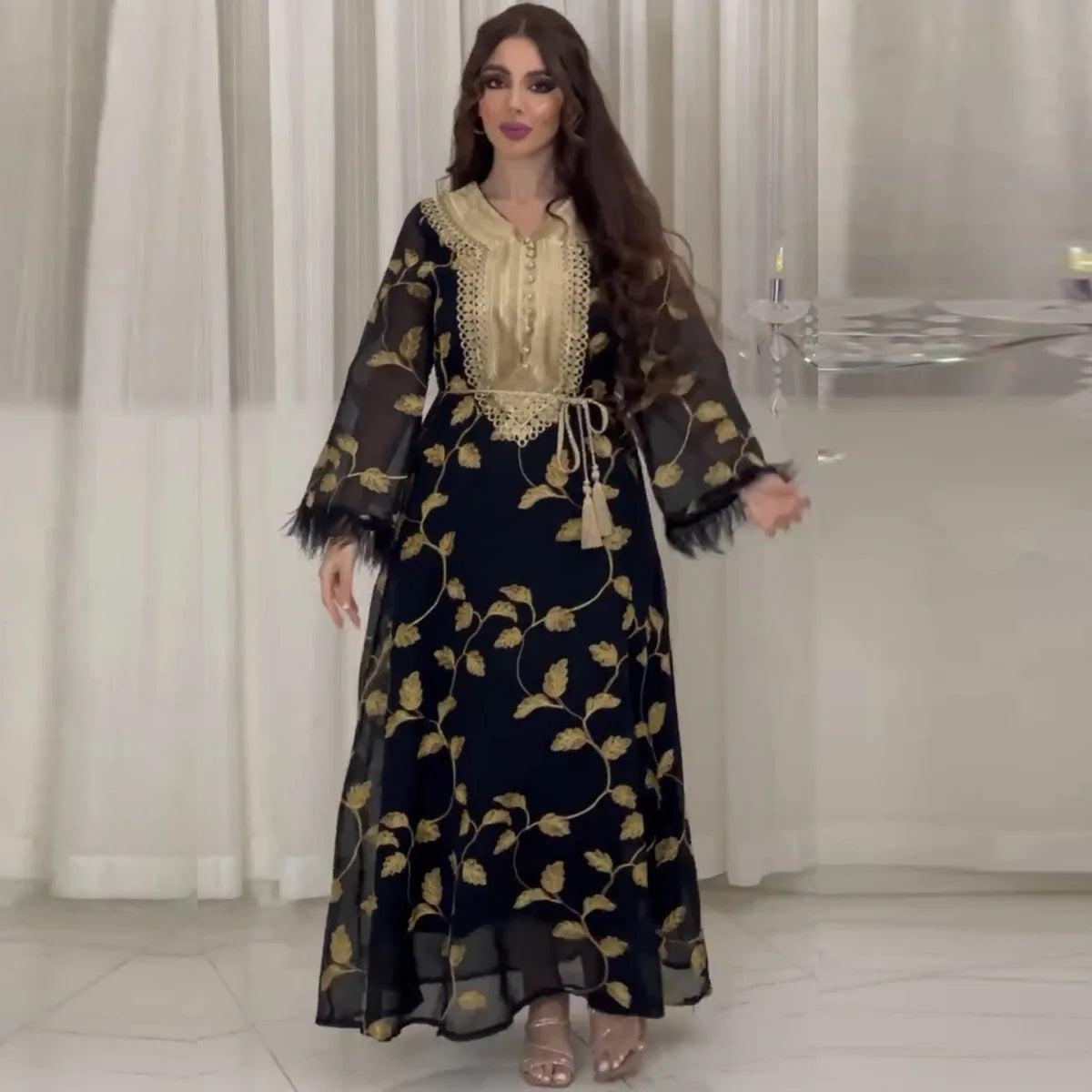 Abaya For Ramadan Gurban Festival Arab Dubai Embroiled Decal Dress Museum Waist Robe Muslim Middle East Abaya Women Clothing black