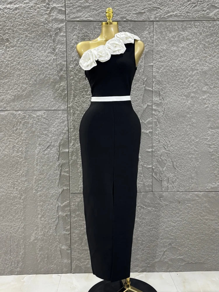 High Quality Women Sexy One Shoulder White Florals Bodycon Long Bandage Dress Celebrate Nightclub Party Fashion Outfit
