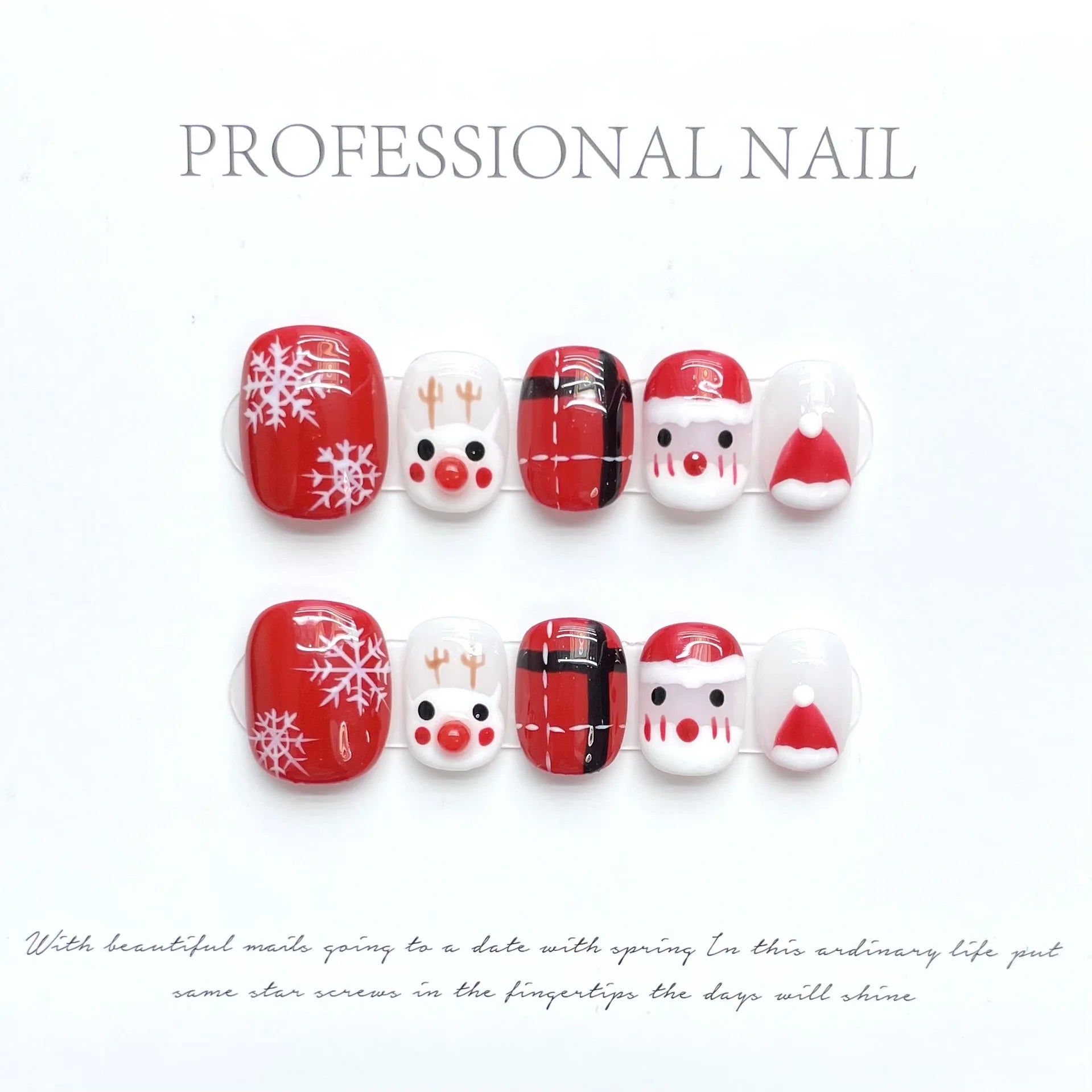 10Pcs Red Short Christmas Handmade Press on Nails Set Shimmery Cartoon Santa Fake Nail Art Cute Snowflake Winter False Nail Tips