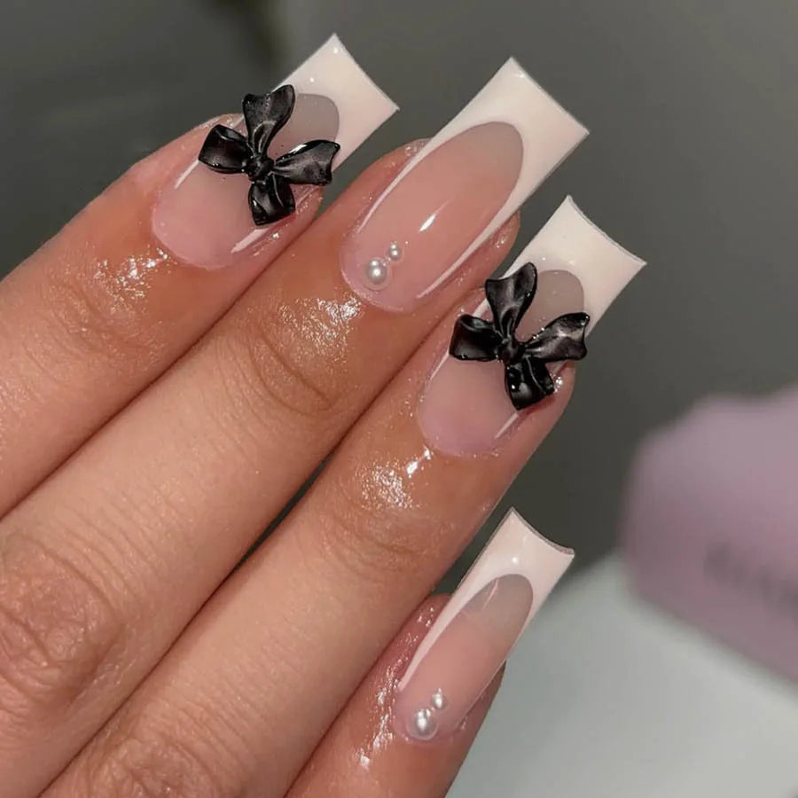 Black French Tips Press on Nails 3D White Bowknot Alloy Stars Designs Fake Nails Ballet Charms False Nails Korean Manicure 24Pcs