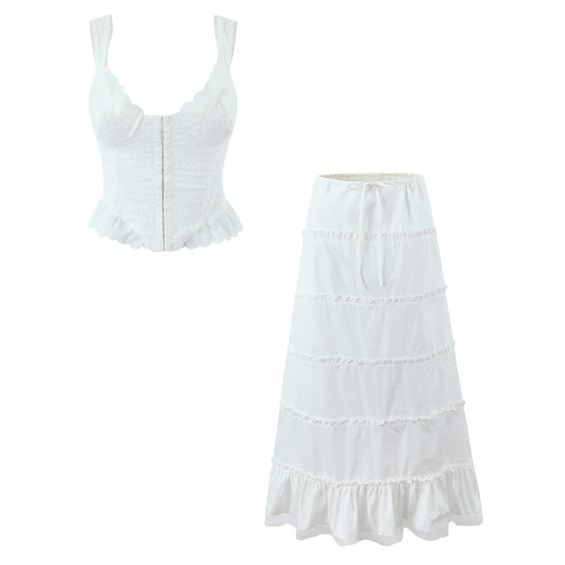 White Lace Skirt Set Women's Dress Summer Spring 2025 Outfits 2 Pcs Matching Set Beach Boho Midi Vestidos Embroidery