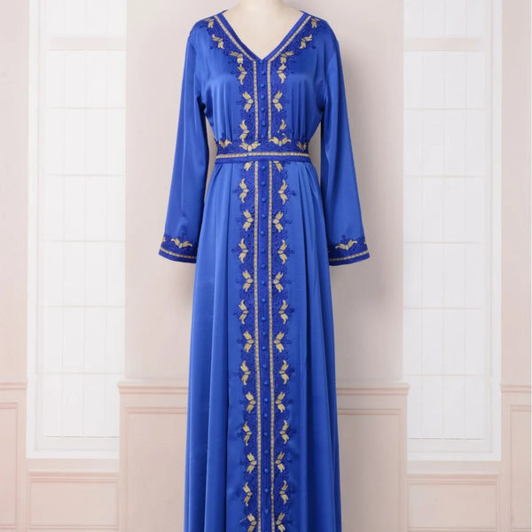 Abaya For Women Muslim Dubai New Embroiled Robe Blue V-neck Caftan Kaftan Party Ramadan Gurban Arab Abaya Elegant Women Clothing