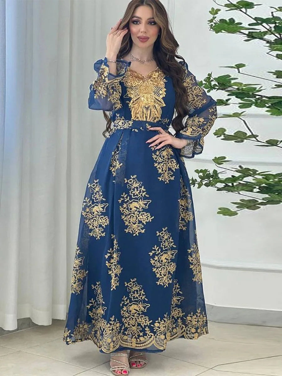 Muslim Evening Dress for Women Arab Dubai Moroccan Kaftan Chic Mesh Sequins Applique Embroidery Party Abaya Eid al-Adha Navy Blue Dress