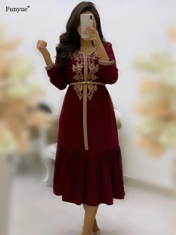 Long Sleeve Moroccan Kaftan Formal Evening Dress Prom New Arrival O-Neck A-Line Gold Lace Evening Gown فساتين السهرة