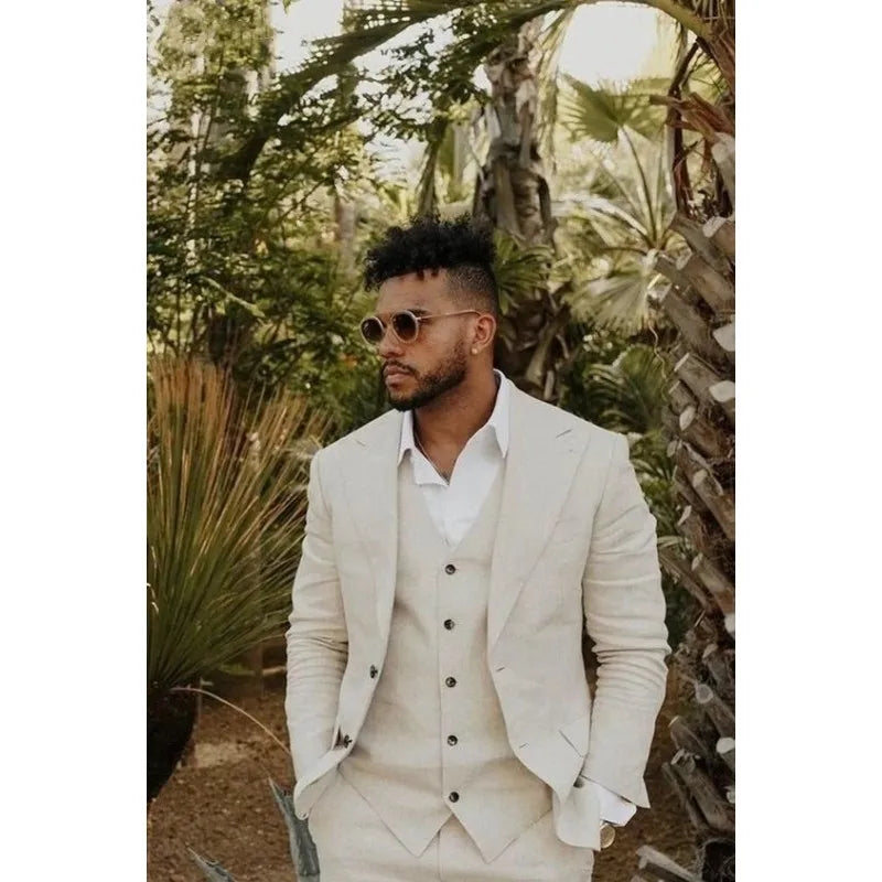 Beige Linen Wedding Tuxedo for Men 3 Piece Summer Groom Suits Prom Blazer Sets Peaked Lapel Suit Jacket with Vest Pants 2023