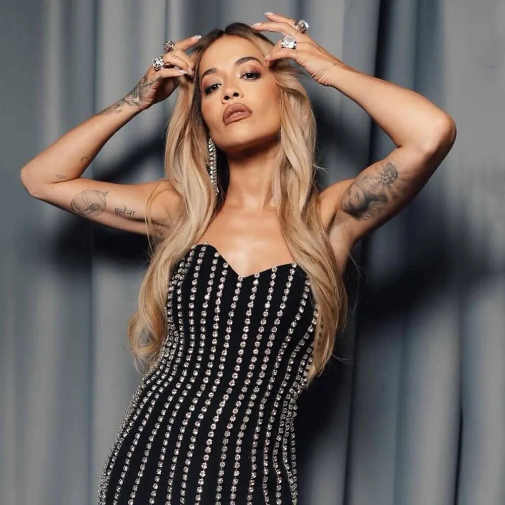 Top Quality Women Sexy Strapless Shinning Diamond Bodycon Mini Bandage Dress Nightclub Party Celebrate Birthday Outfit