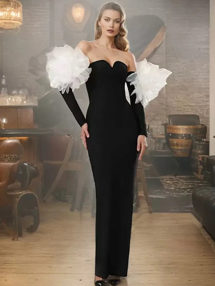 Women Sexy Off Shoulder Long Sleeve Red Black Maxi Long Celebrity Bodycon Bandage Dress 2025 Elegant Evening Club Party Dress