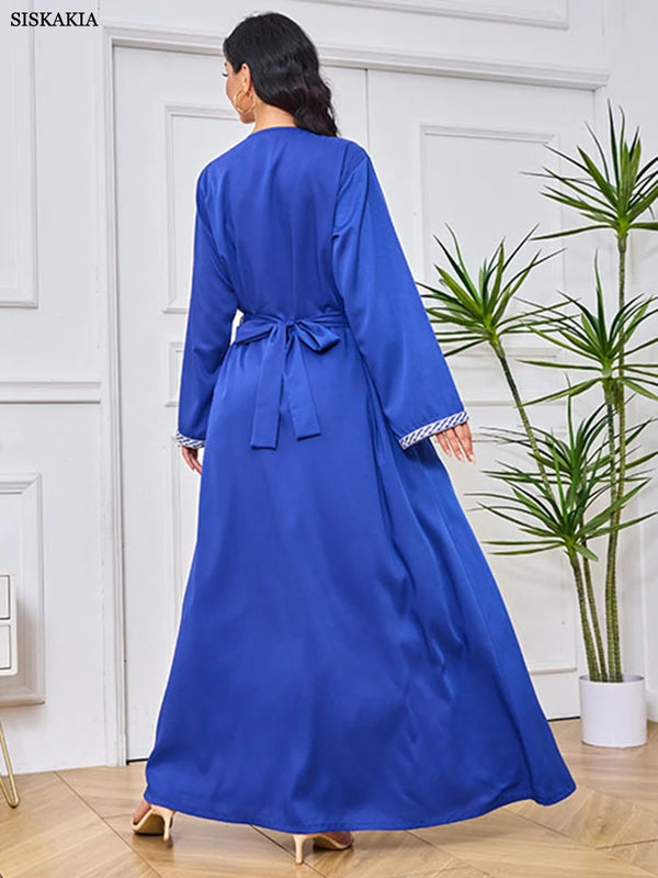 Fashion Moroccan Kaftan For Women 2 Piece Set Sashes Guipure Lace Insert Full Sleeve Elegant Chic Female Long Dresses