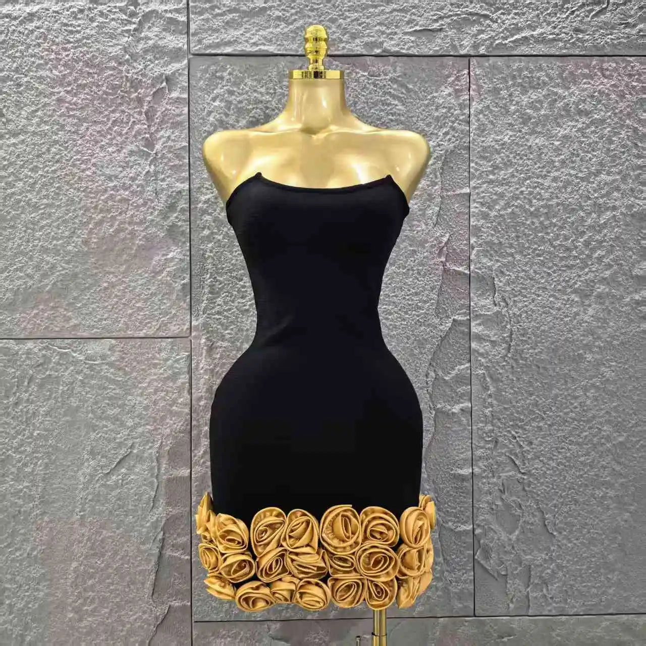 Black Color Golden Florlas Women Sexy Strapless Bodycon Mini Bandage Dress Celebrate Nightclub Party Birthday Vacation Wear
