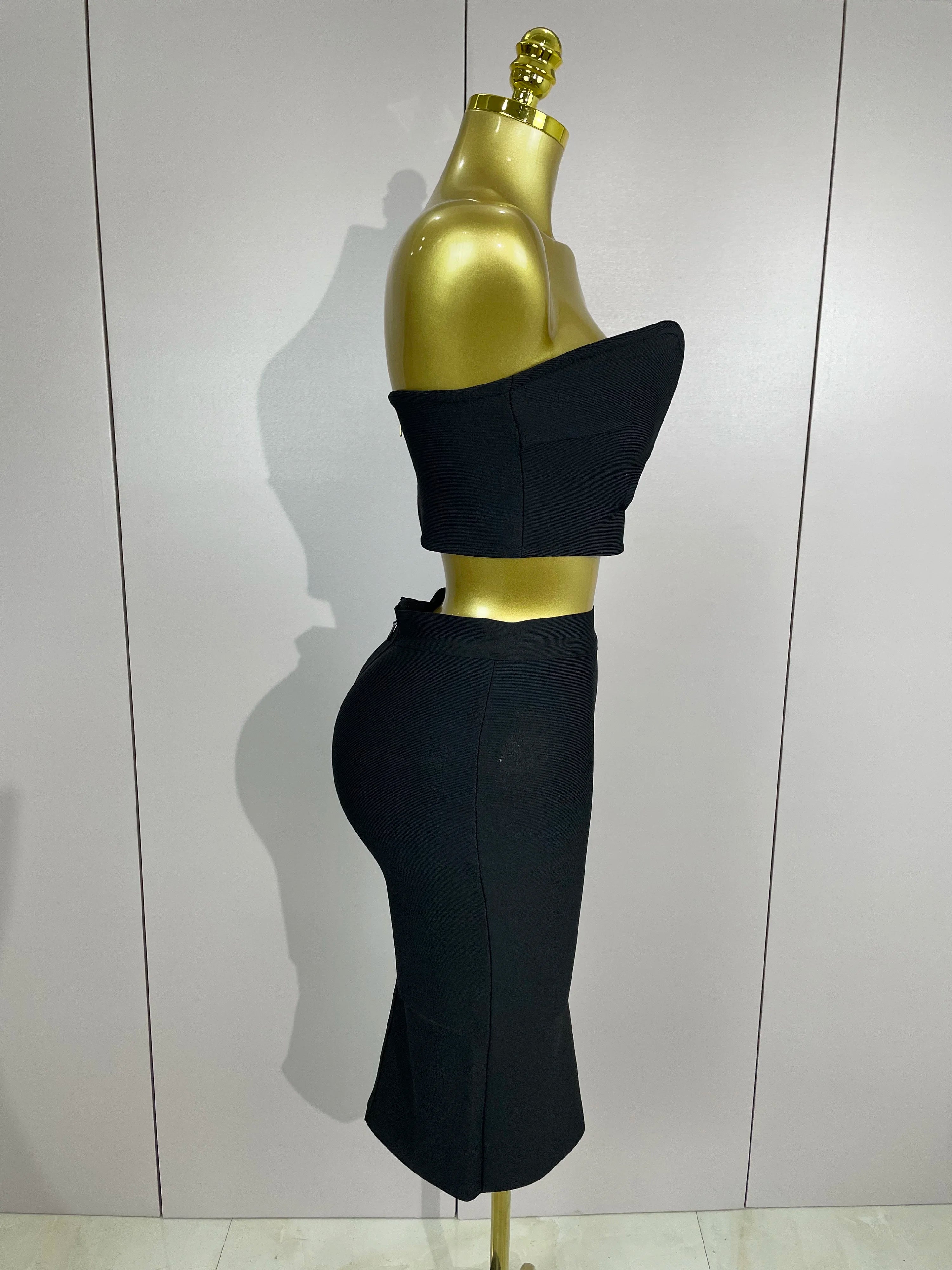 2025 Women Sexy Strapless Backless Black Bandage Two Piece Suit Celebrity Designer Fashion Birthday Gown Evening Prom Costume
