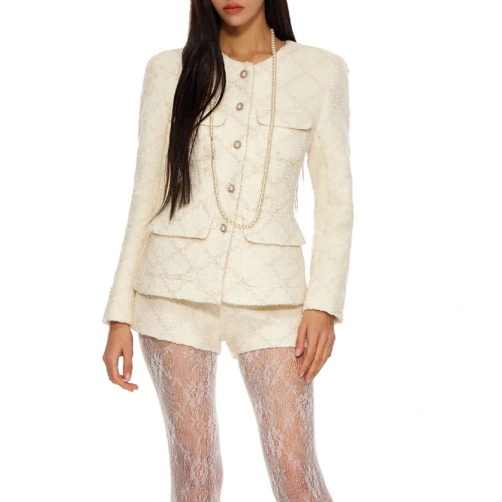 TWOTWINSTYLE Solid Temperament Two Piece Sets For Women O Neck Long Sleeve Coat High Waist Shorts Elegant Set Female Fashion New