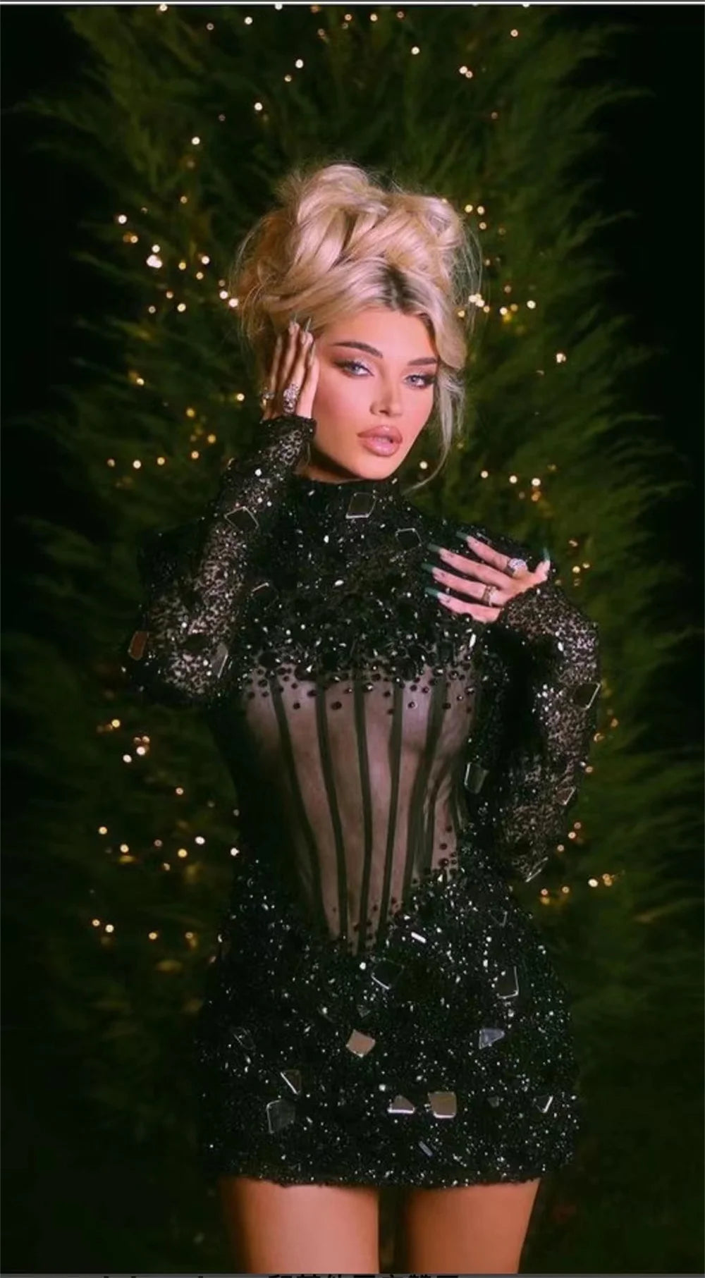 High Quality Black Color Women Long Sleeve Sexy Sequins Mirrors Shinning Bodycon Mini Dress Celebrate Nightclub Party Wear