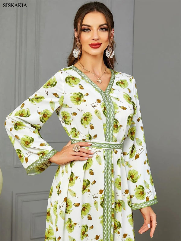 Fashion Chic Printing Casual Long Sleeve V-Neck Belted Dress Moroccan Gulf Caftan For Women Arab African Turkish Abaya