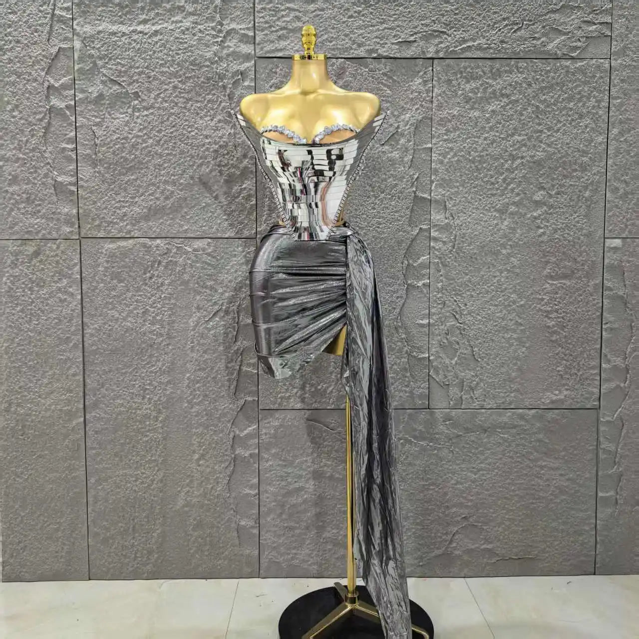 Gold Silver Color Women Sexy Strapless Shinning Crytsal 2 Pieces Bodycon Mini Dress Celebrate Nightclub Party Birthday Wear