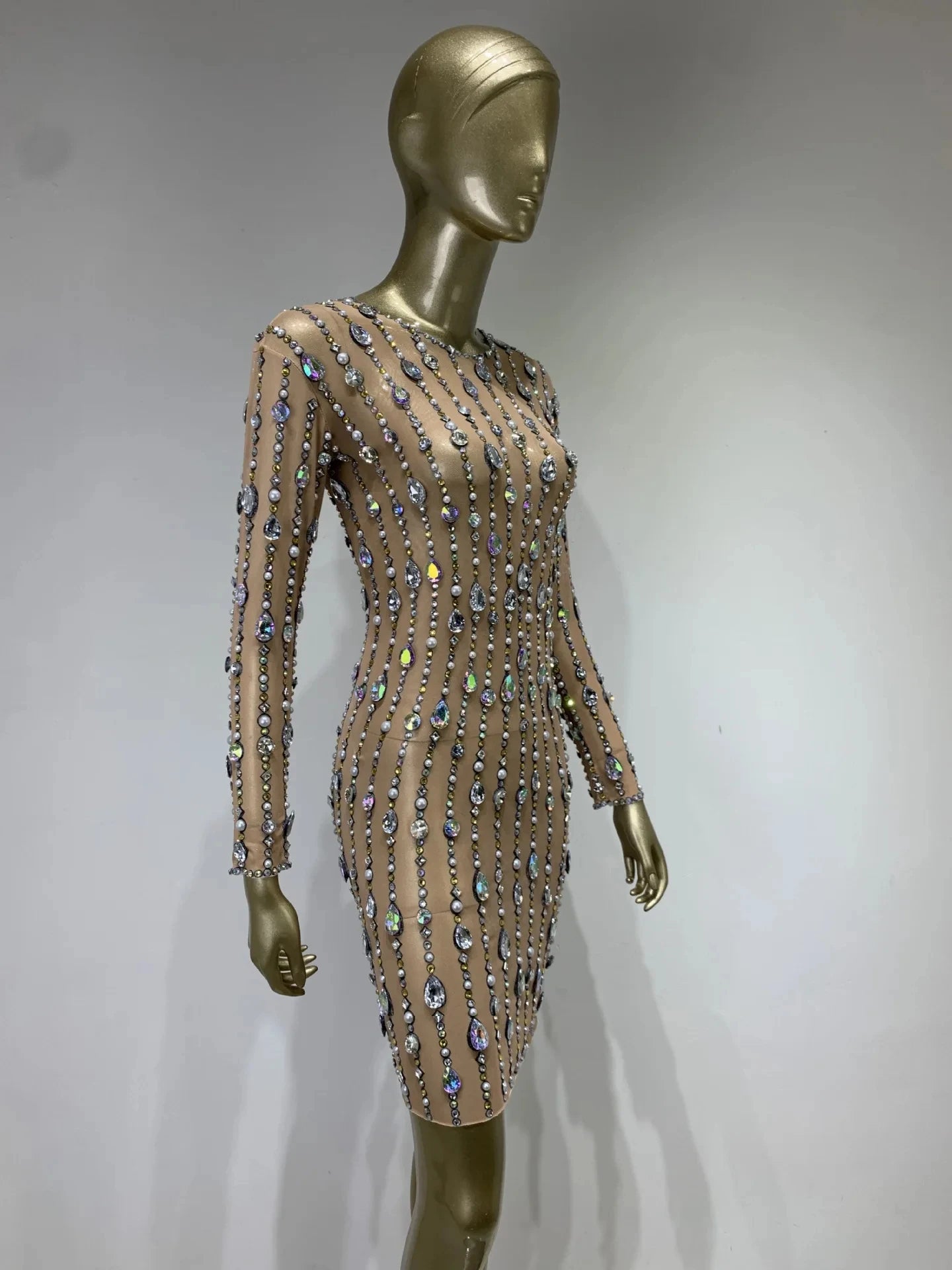 Stock Women Luxury Sexy Mesh Crystal Diamonds Beading Mini Dress Birthday Party Costume Bar Nightclub Stage Performance Clothing
