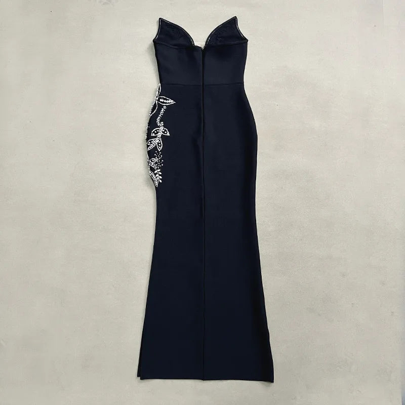 Top Quality Women Shinning Crystal Strapless Off the Shoulder Bodycon Long Bandage Dress Elegant Evening Party Birthday Outfit