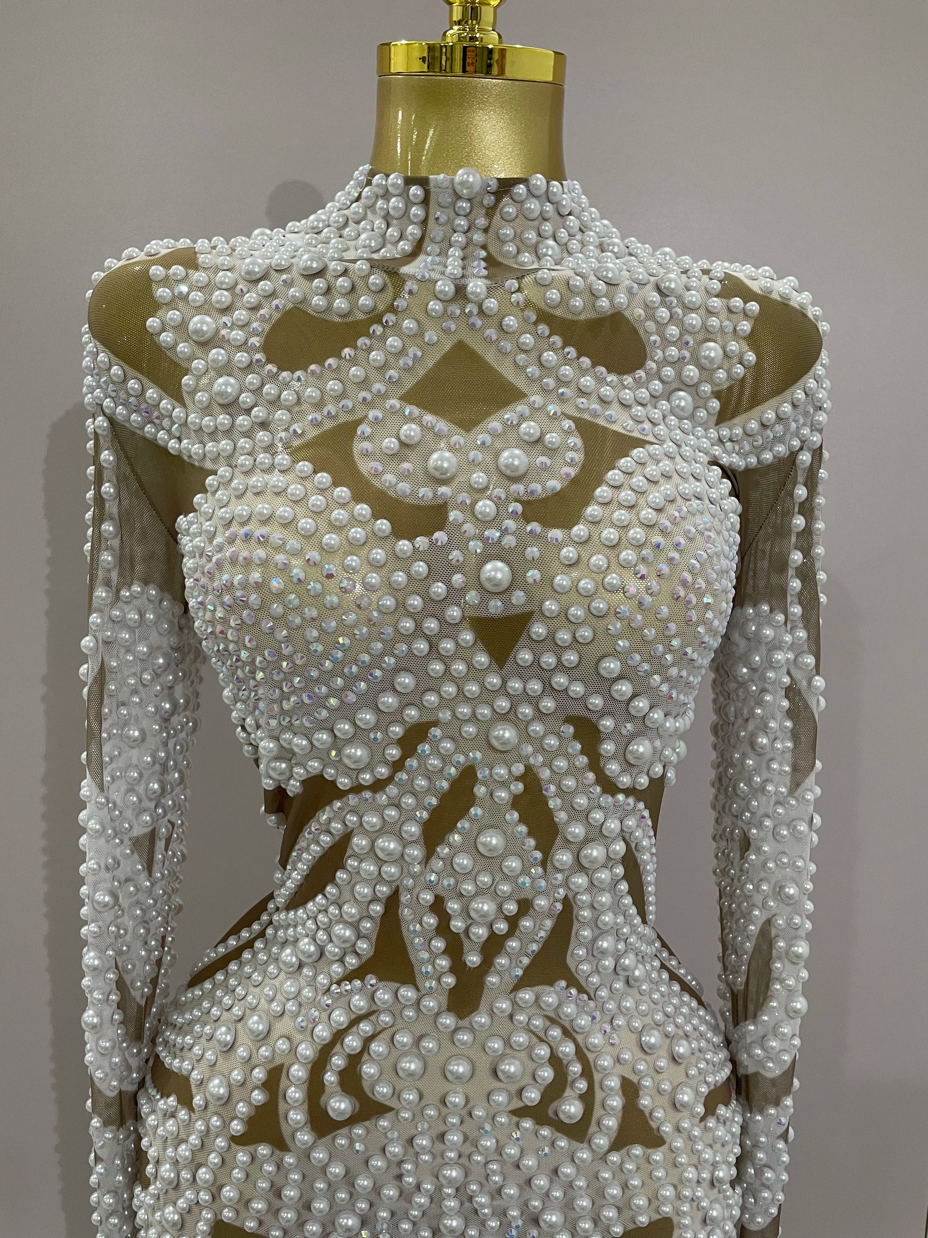 2025 New High-end Elegant Evening Gown AB Rhinestones Pearls Luxury Long Sleeves Mesh Dress Women Cocktail party Wedding Costume