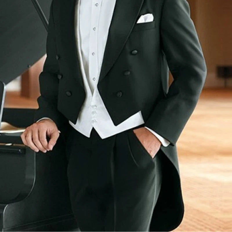 Black Wedding Tailcoat for Groom Dinner Party Tuxedo 3 Piece Formal Men Suits with White Vest Pants Male Fashion Prom 2023