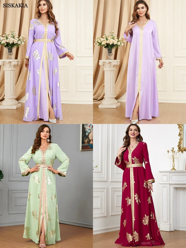 2 Pieces Abaya Dress Set For Women Modest Muslim Moroccan Jalabiya Dubai Turkish Kaftan Islamic Clothing Gold Stamping