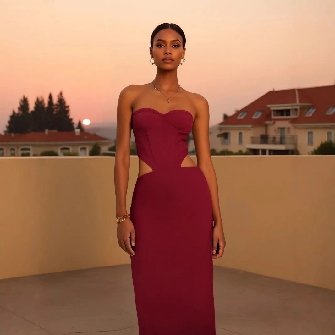 Wholesale Women Sexy Strapless Hollow Out Waist Bodycon Long Bandage Dress Wedding Mermaid Celebrate Birthday Party Outfit