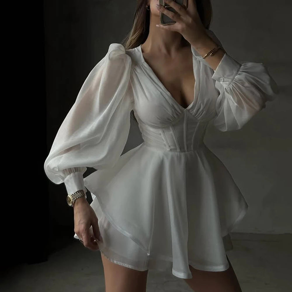 TWOTWINSTYLE Solid Slimming Fashion Dresses for Women V Neck Long Sleeves Patchwork Ruffles Temperament Dress Female Clothing