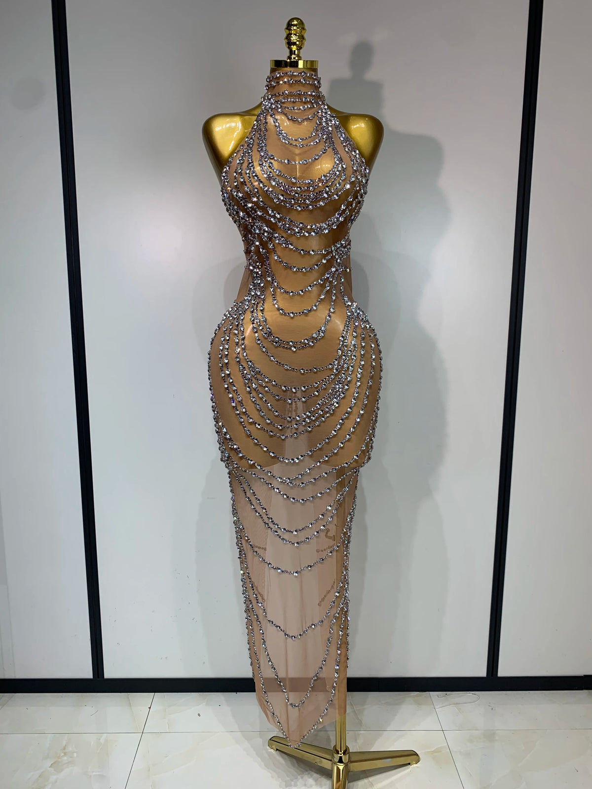 Luxury Rhinestone Sparkly Sexy Transparent Mesh Long Dress 2025 Women Birthday Party Gown Stage Singer Performance Costume
