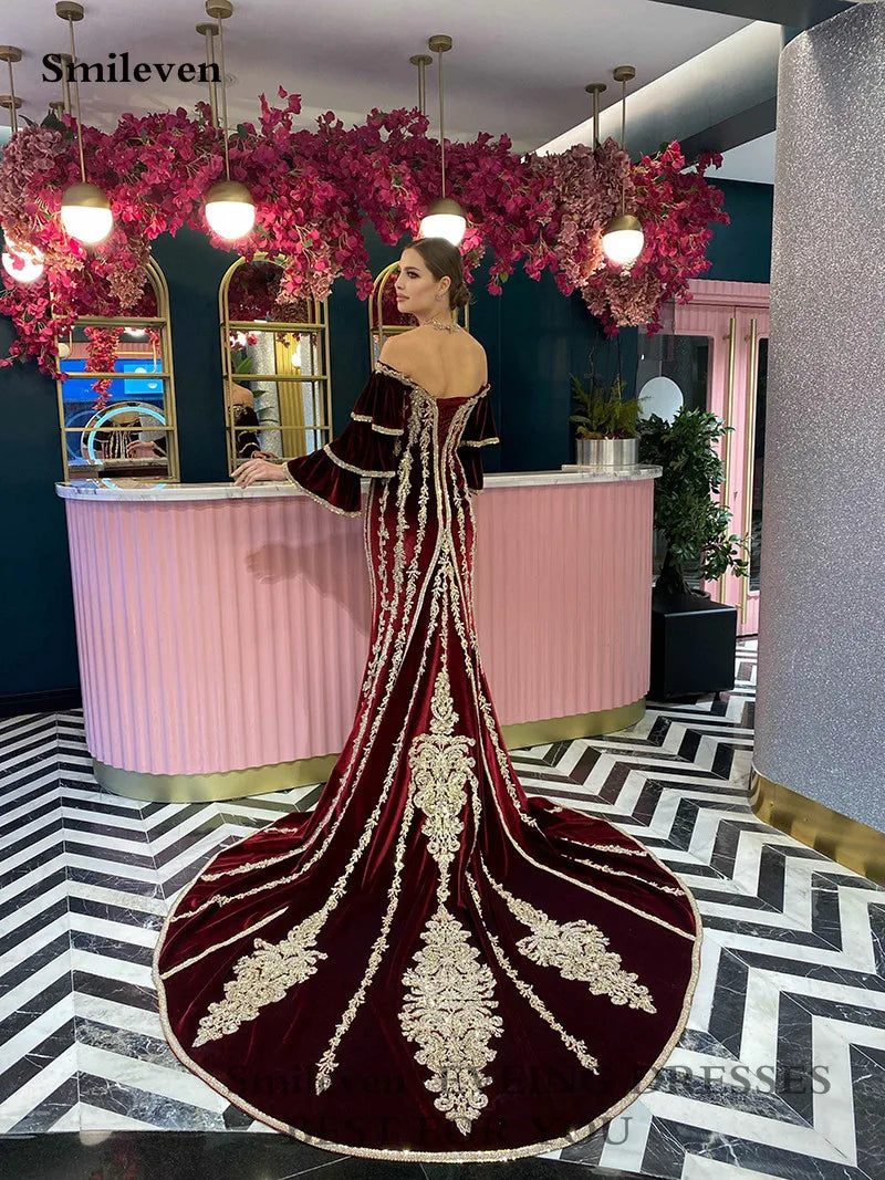 Classic Burgundy Mermaid Flare Sleeve Caftan Evening Party Dress Gold Lace Velvet Prom Gowns Traditional Women Dresses