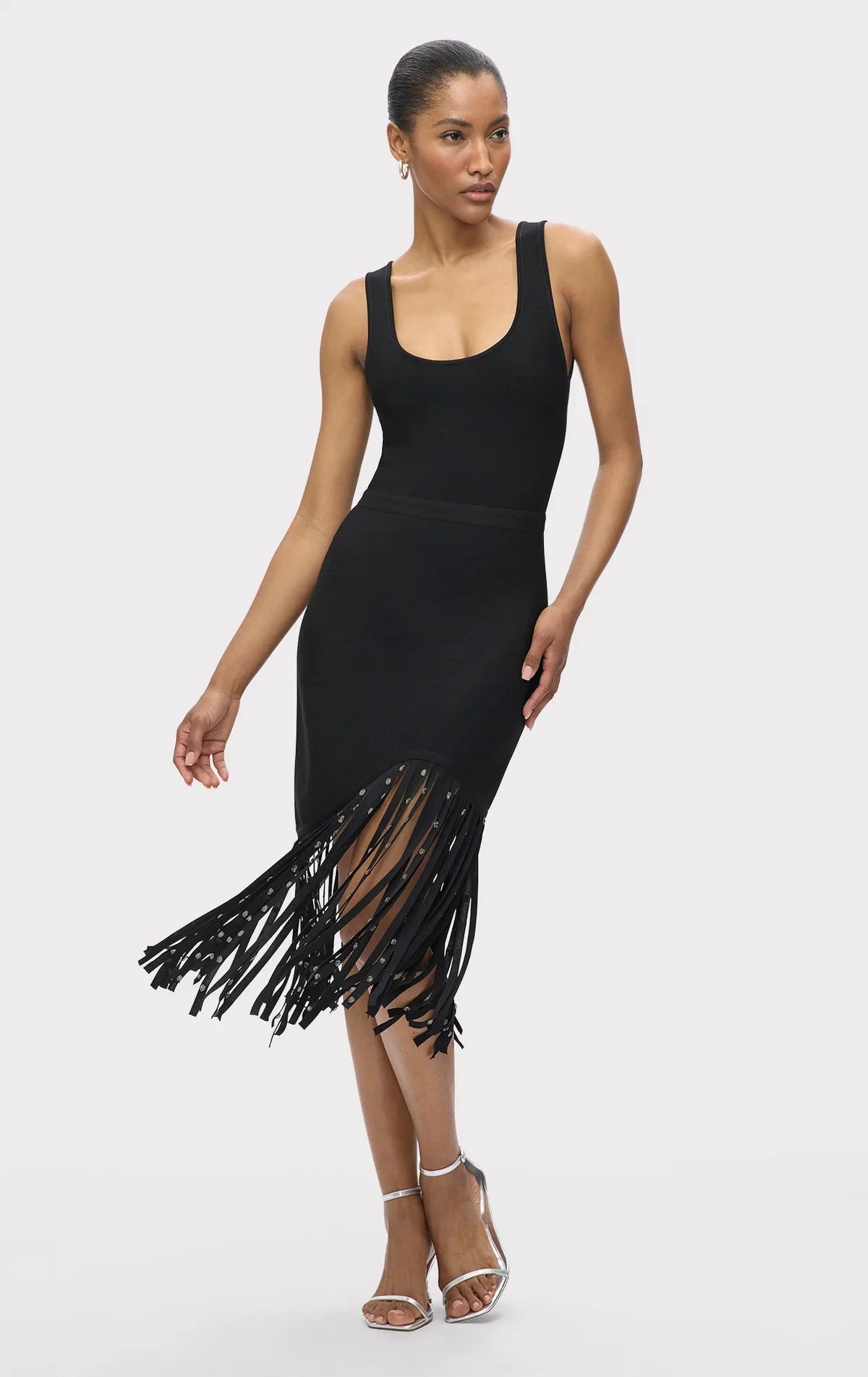 Top Quality Women Sleeveless Sexy O-Neck Shinning Crystal Tassel Bodycon Mid-calf Dress Fashion Celebrate Evening Party Outfit