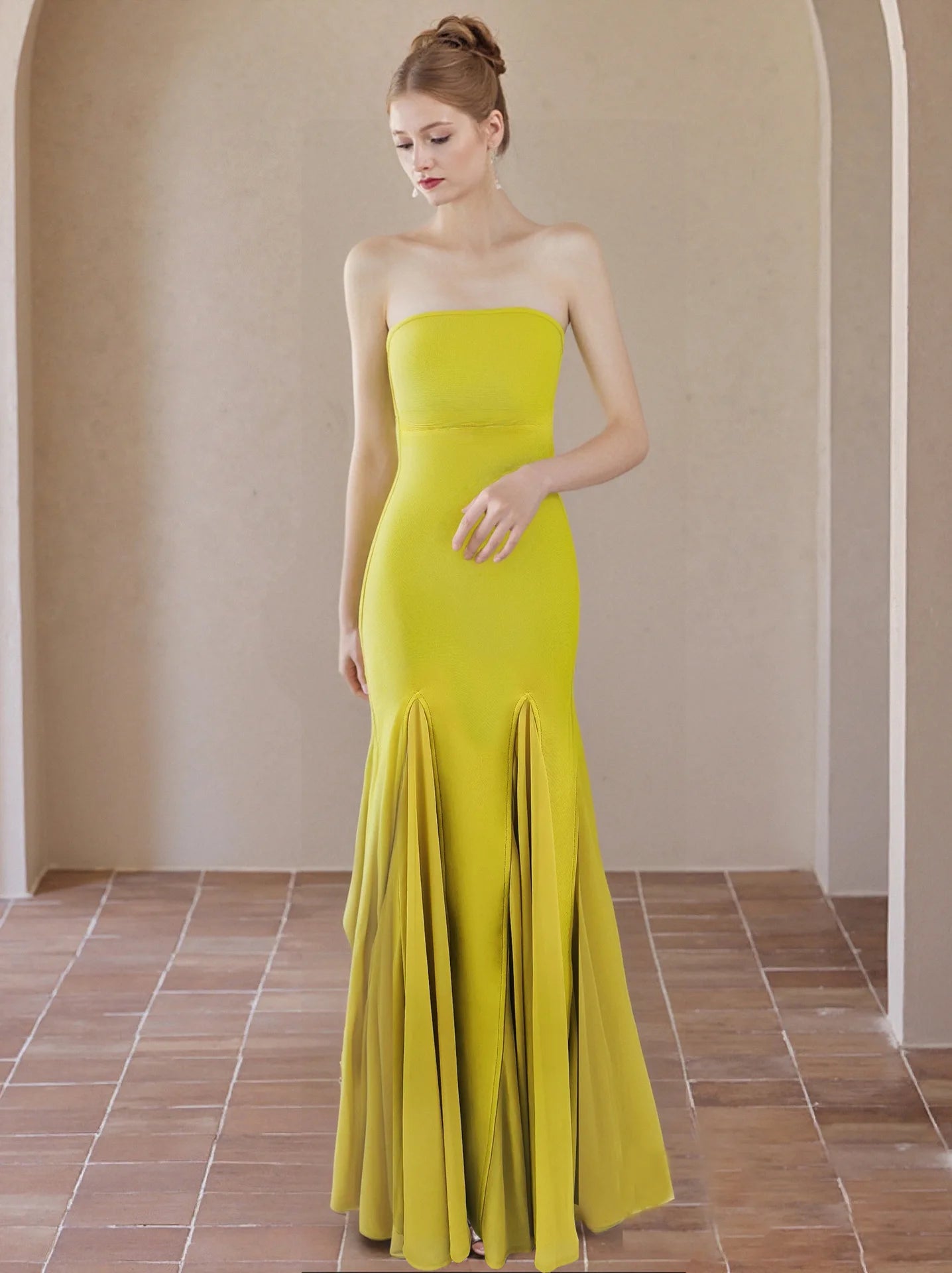2025 New Fashion Yellow Color Women Sexy Strapless Bodycon Bandage Long Dress Celebrate Birthday Party Evening Outfit Wholesale