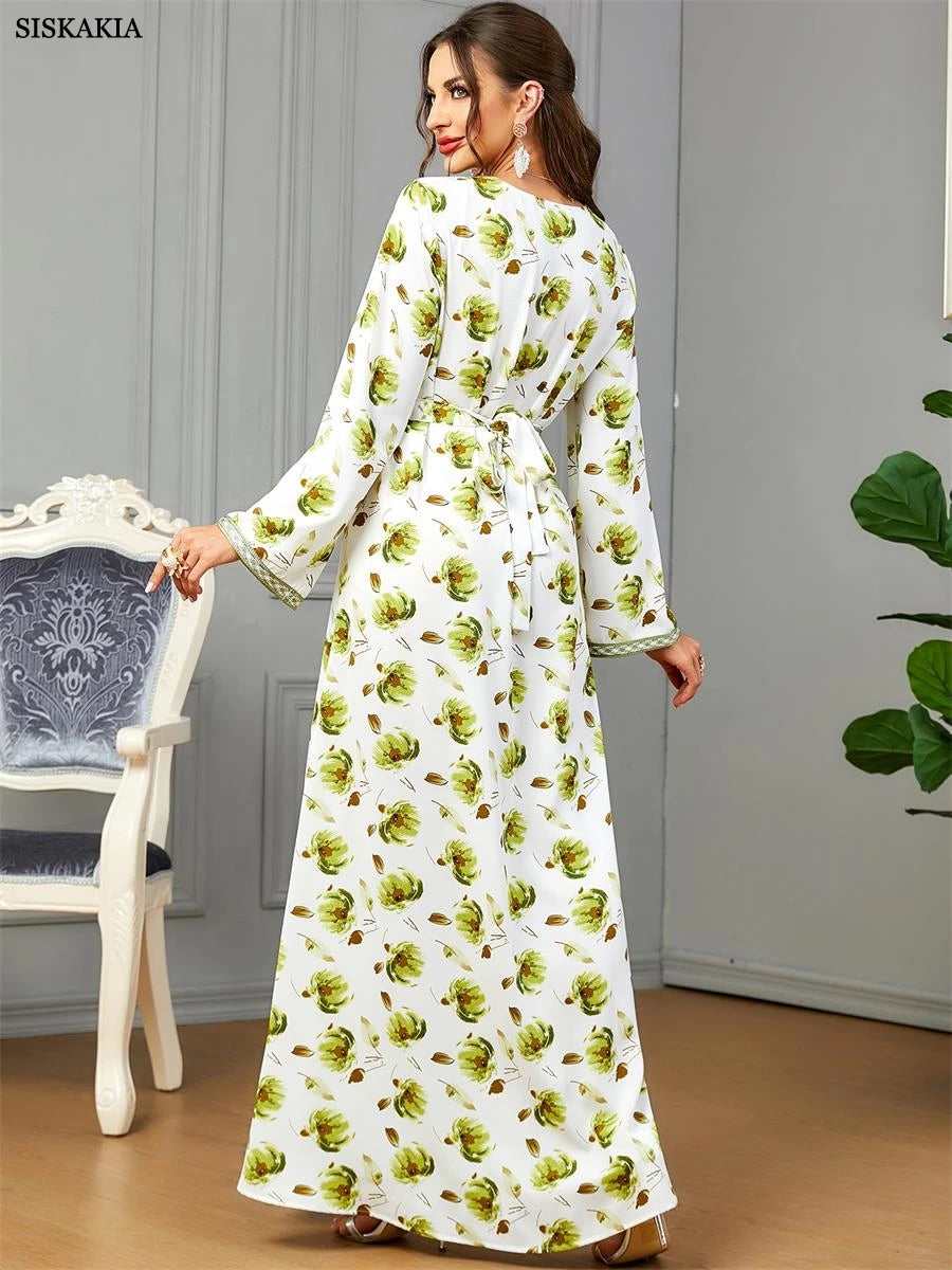 Fashion Chic Printing Casual Long Sleeve V-Neck Belted Dress Moroccan Gulf Caftan For Women Arab African Turkish Abaya