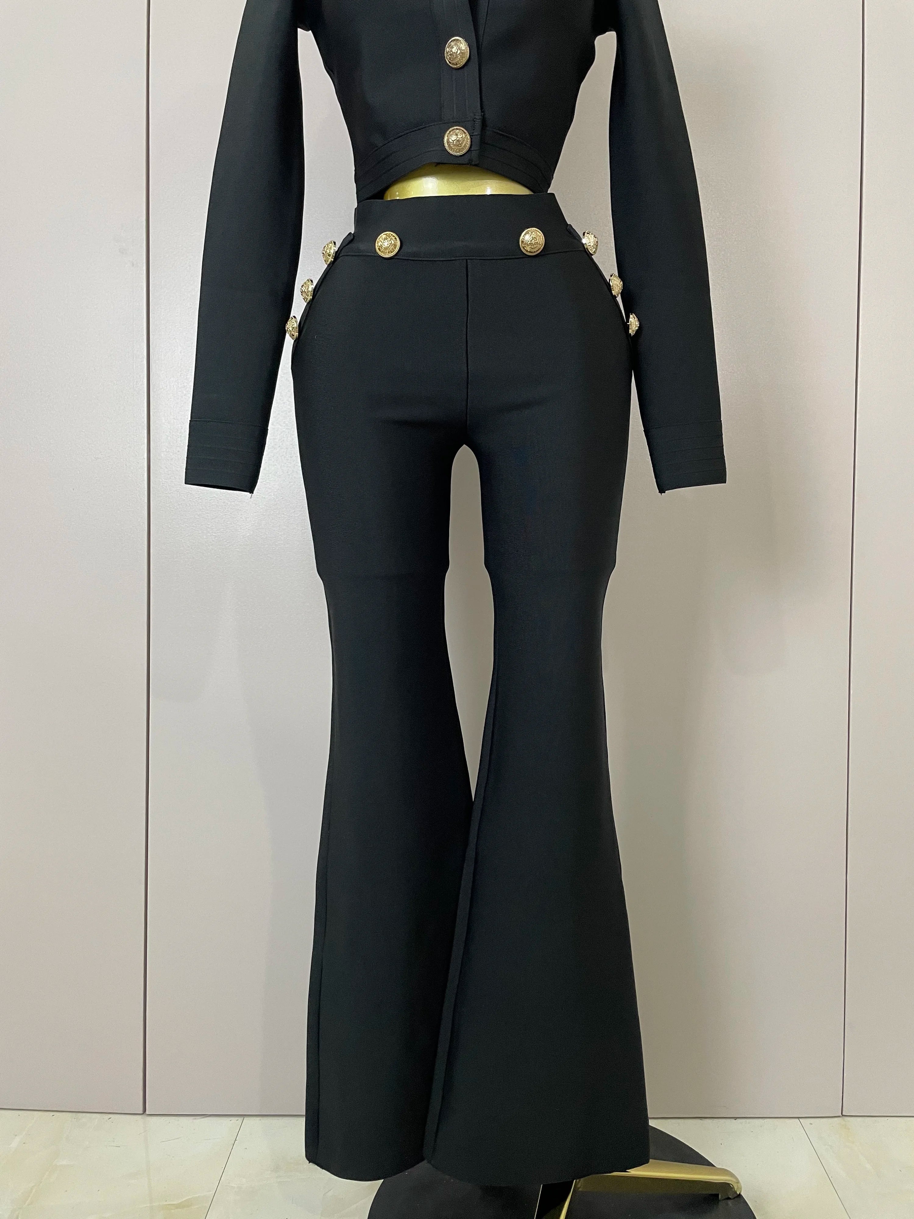 2025 New High Quality Golden Buttons Short Coat Top And Flare Pants  Bandage 2 Pieces Set Woman Celebrity Evening Party Vestidos