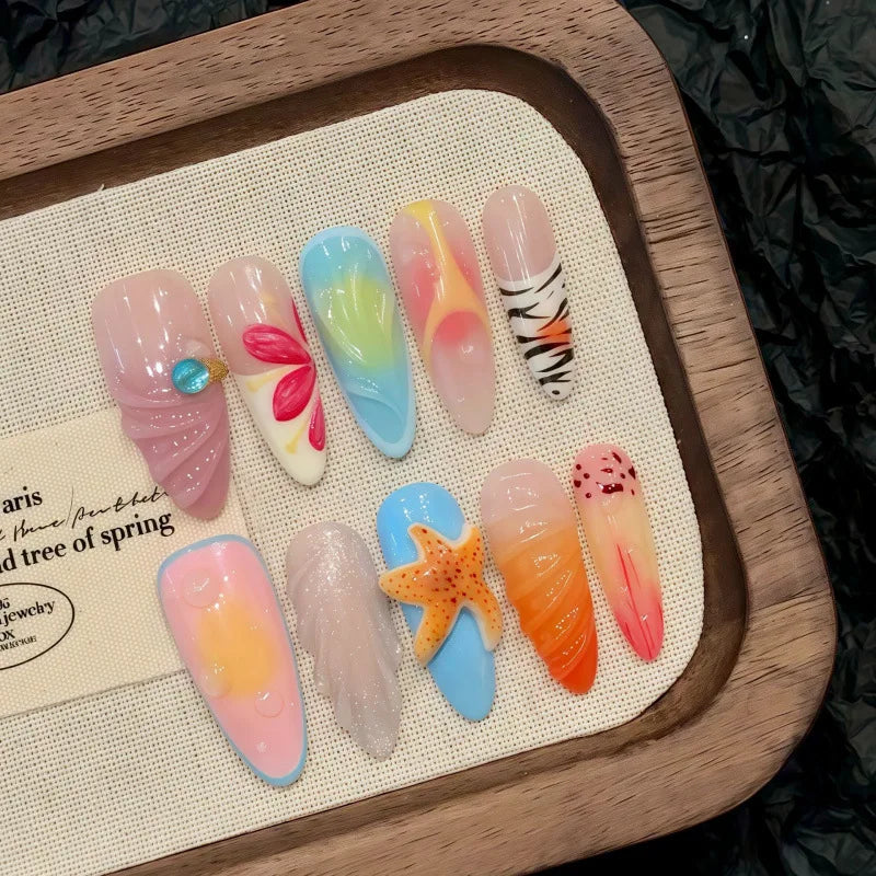 10Pcs Mid-length Almond French Handmade Fake Nails Color 3D Flowers Design Art Summer Fresh Gradient Manicure Tool for Hot Girls