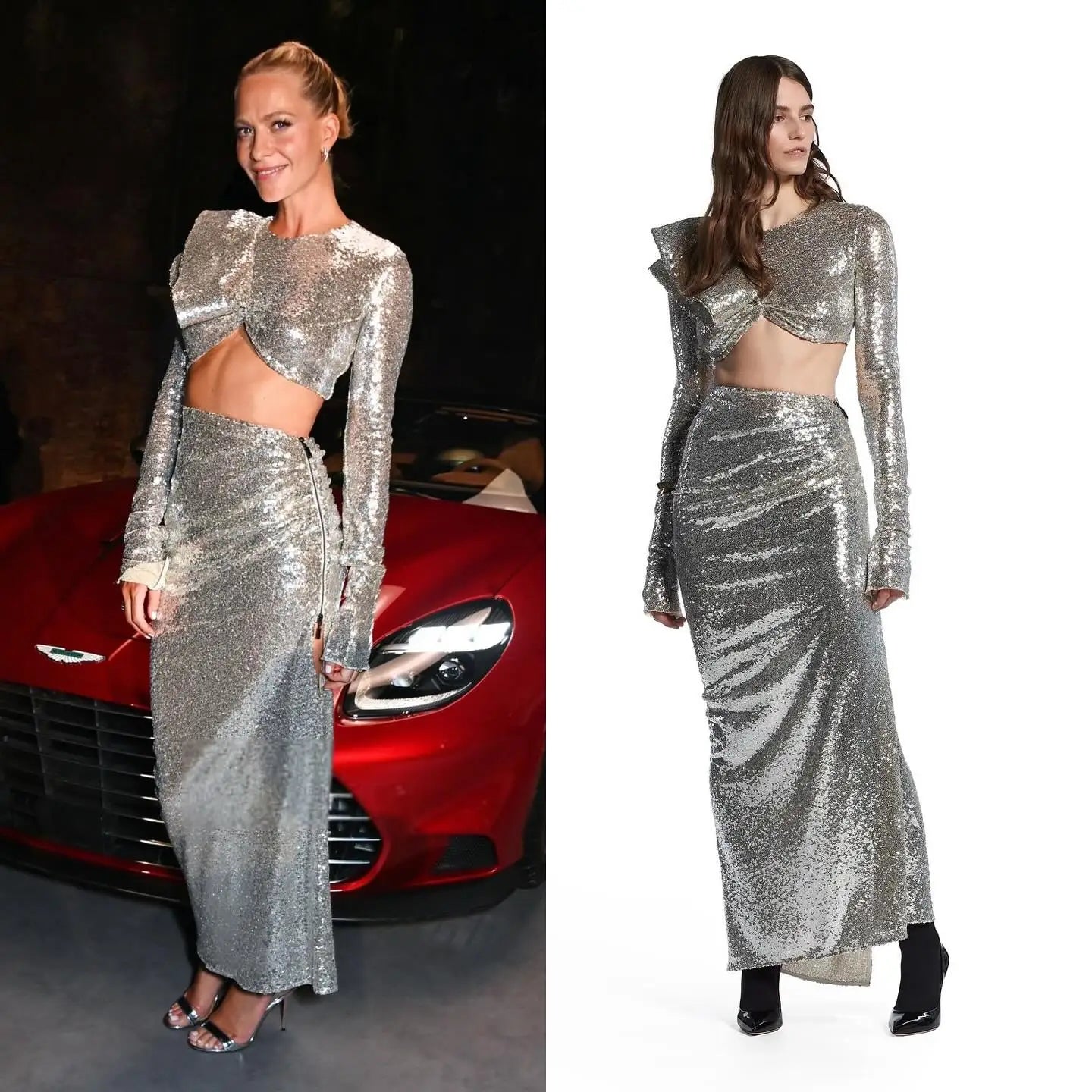 Silver Color Women Long Sleeve Sexy 2 Pieces Shinning Sequins Bodycon Long Dress Celebrity Fashion Evening Party Dress