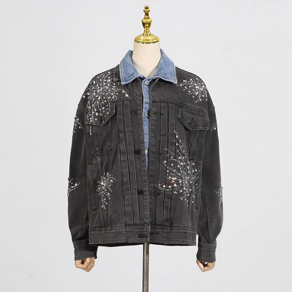 TWOTWINSTYLE Hit Color Cowboy Spliced Printing Jackets for Women Lapel Long Sleeves Patchwork Single Breasted Jacket Female New