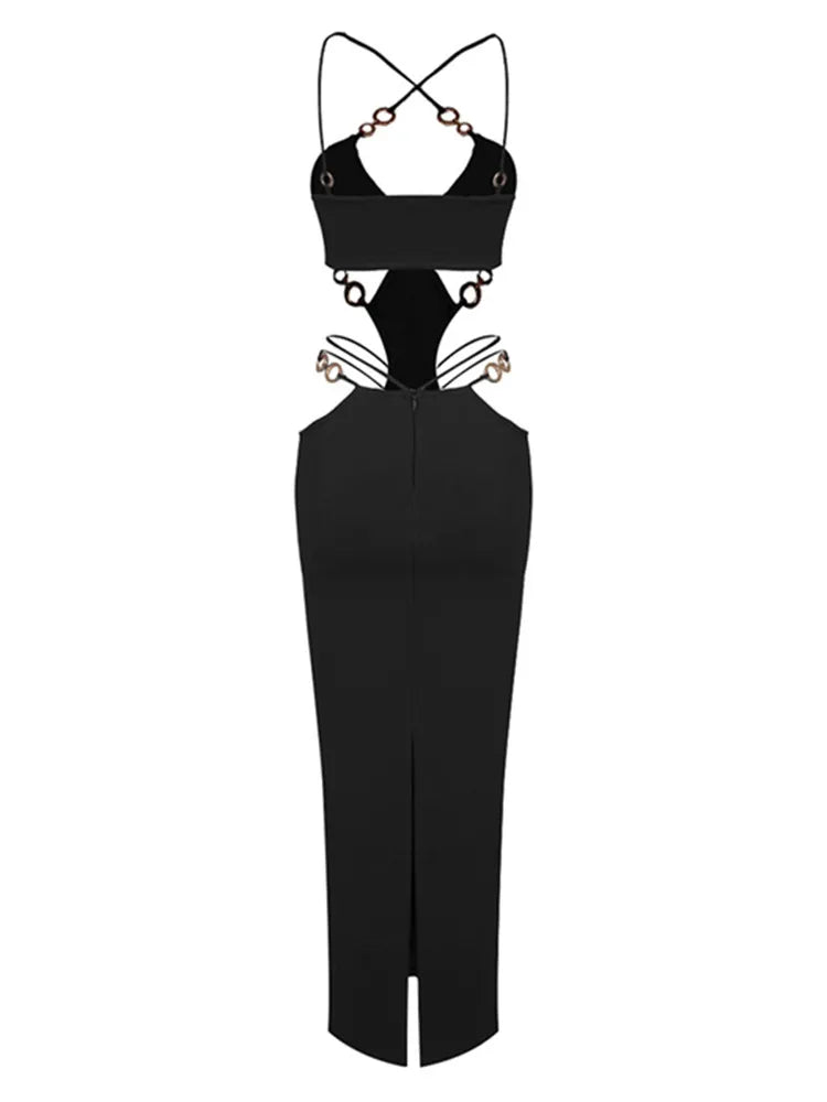 Summer Fashion Women Sexy V Neck Backless Black Red Sequined Midi Bodycon Bandage Dress 2025 Elegant Evening Club Party Dress