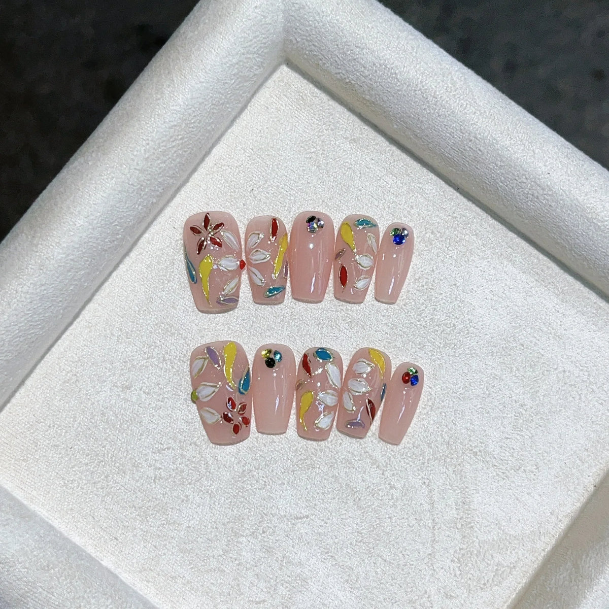 10Pcs Sweet Ballerina Handmade False Nails with Shiny Diamond Cloisonne Nail Art 3D Cute Floral Pink Blush Fake Nail Acrylic Tip